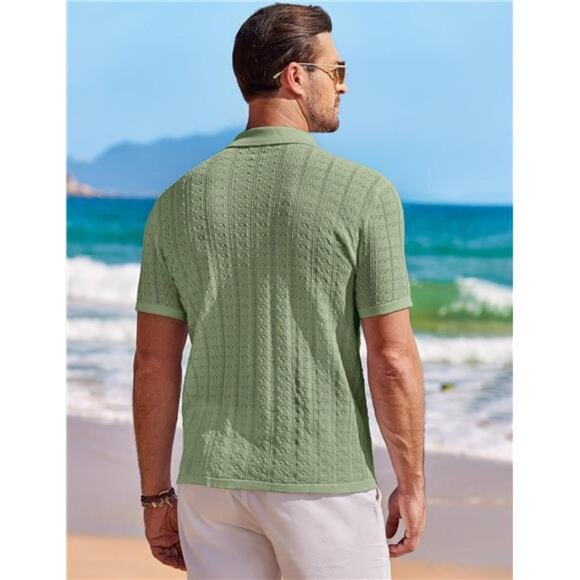 Men's Knit Button Down Shirt Short Sleeve Vintage Polo Shirts Summer - Picture 3 of 7